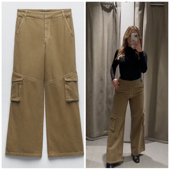 Zara Full Length Light Khaki Cargo Pants New - Picture 4 of 10
